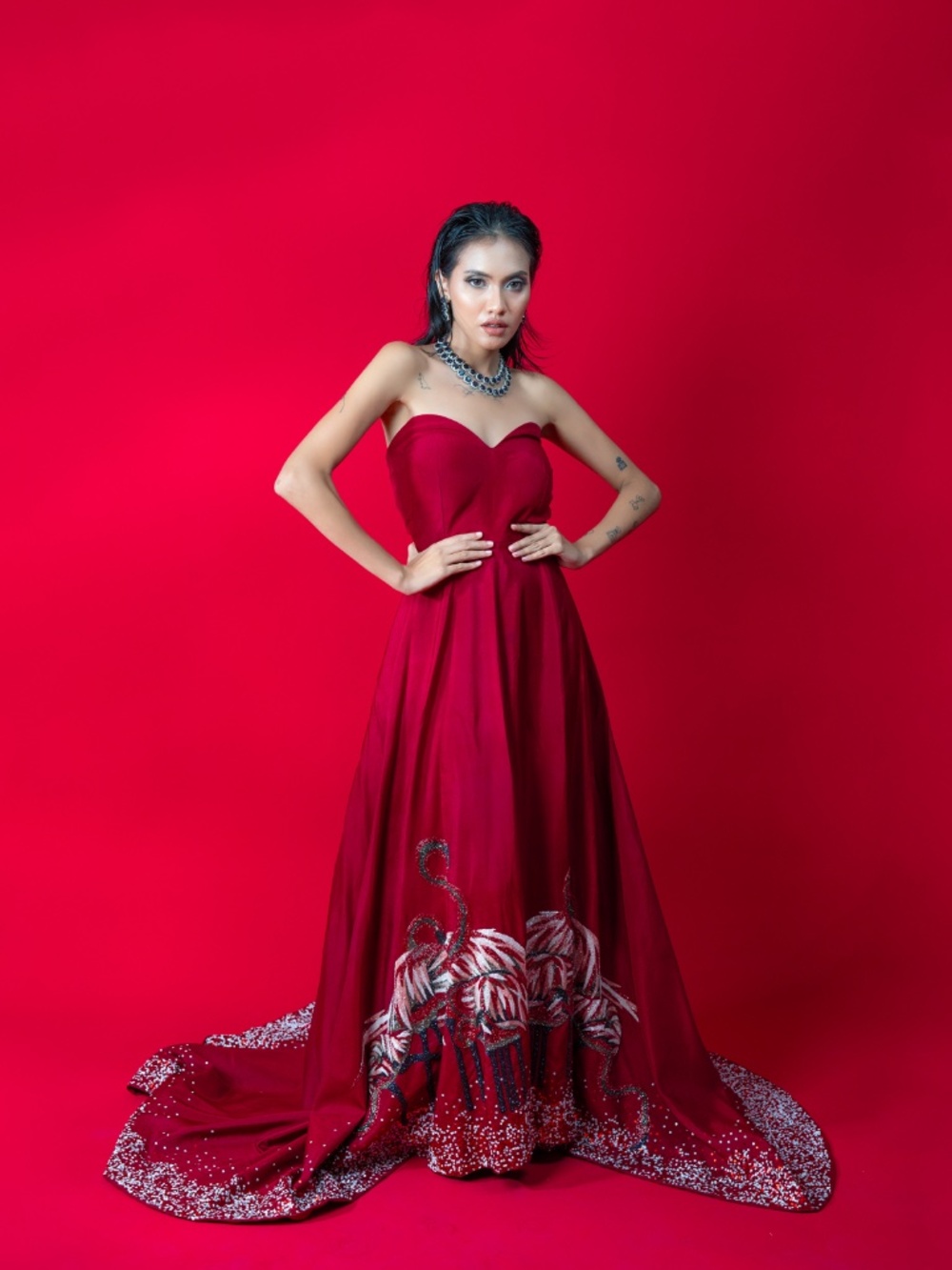 Burgundy Couture Evening Gown with Hand Embroidered Flamingo Detail and Train